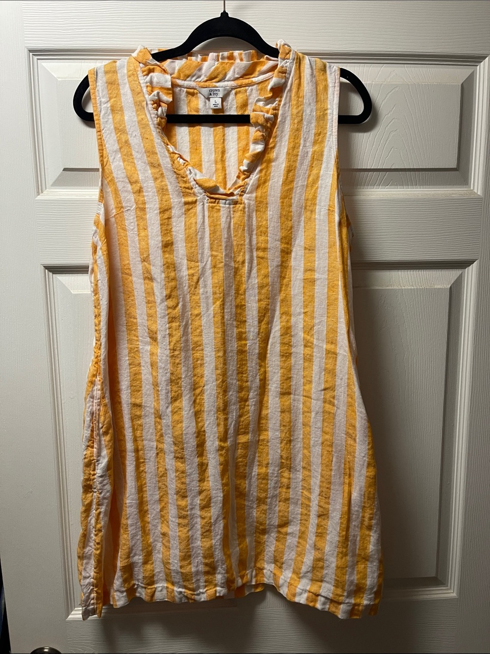 Crown & Ivy Yellow and White Linen Striped Sleeveless V-Neck with pockets.